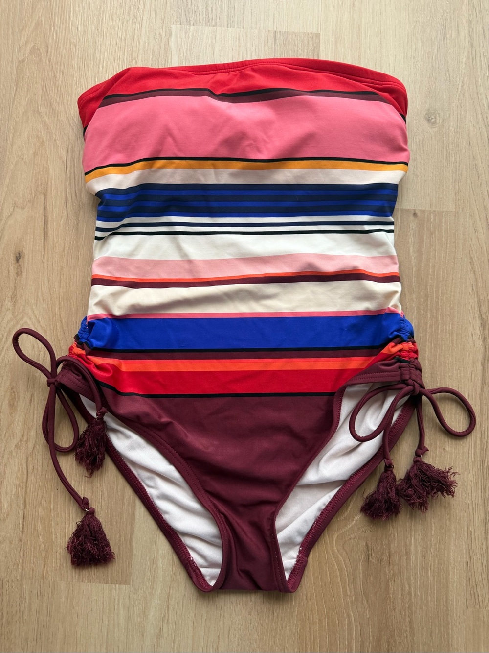 Kate Spade Striped Bandeau One Piece Swimsuit Tassel Tie Small